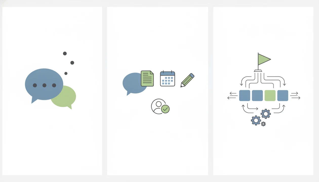 A three-panel diagram compares chatbot, assistant, and agent capabilities without labels.