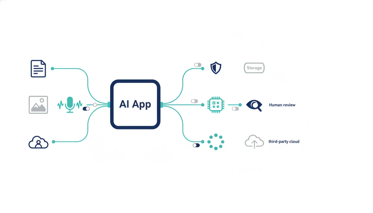 A clean diagram shows documents, voice, images, and accounts flowing through an AI app to storage and review nodes.