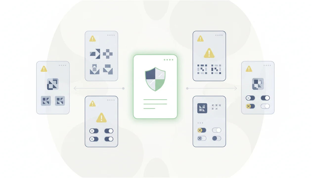 A clean illustration shows one trusted app card surrounded by faded copycat cards and warning symbols.