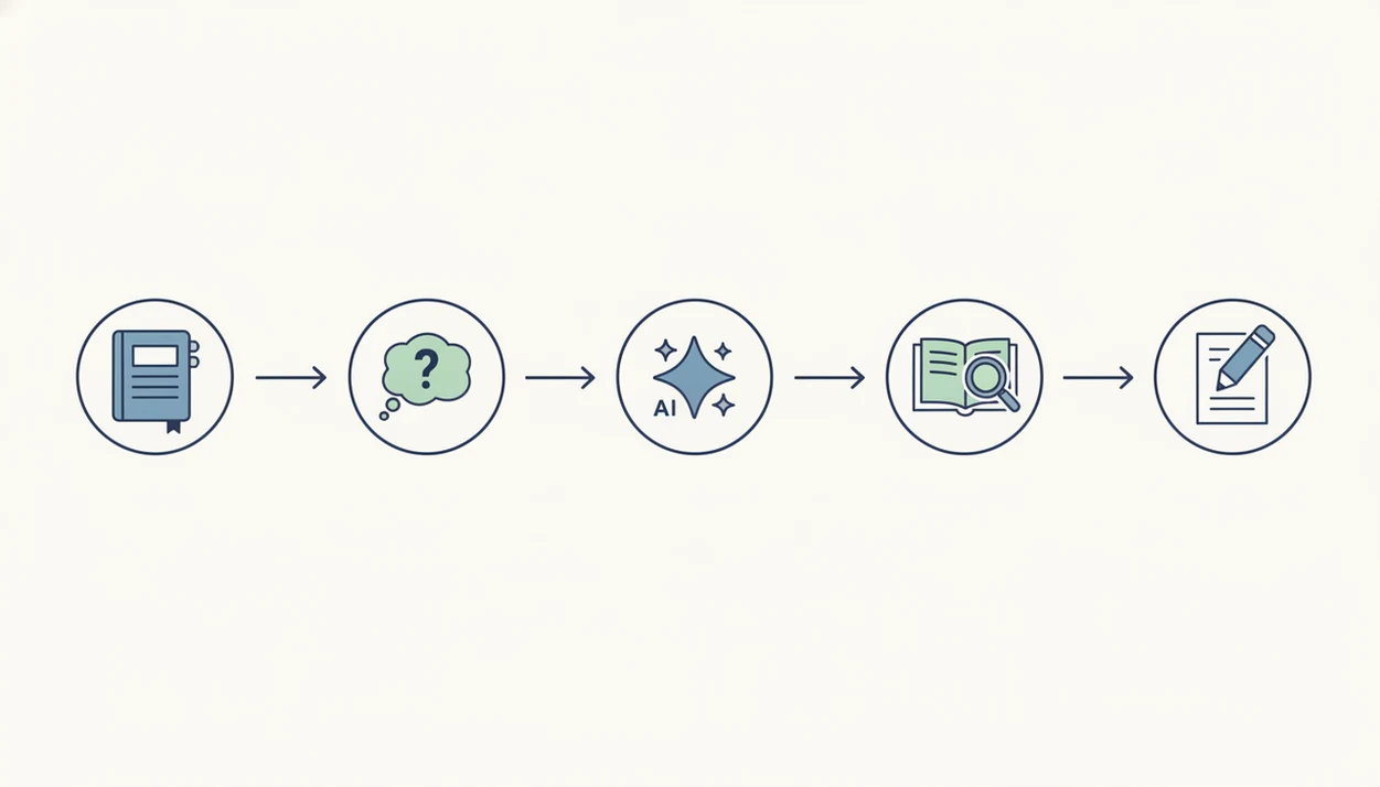 A wordless workflow diagram shows AI homework help being checked against notes before final writing.
