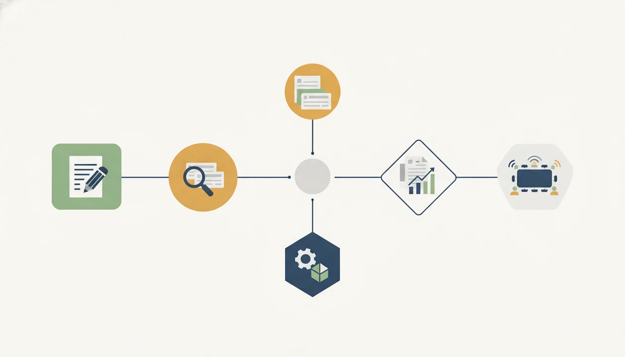 A clean diagram links five AI workflow categories: writing, research, office work, automation, and meetings.