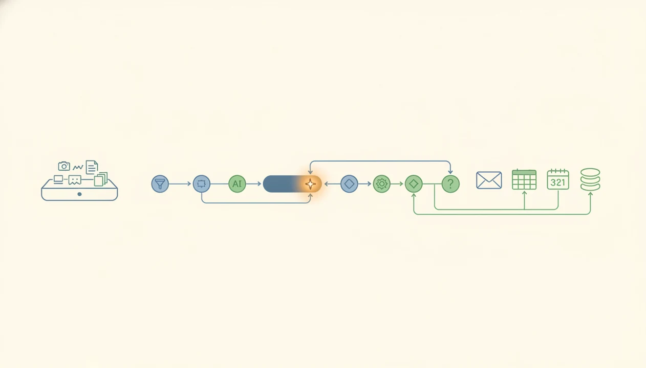 A simple diagram shows inputs moving through connected automation nodes to common business outputs.