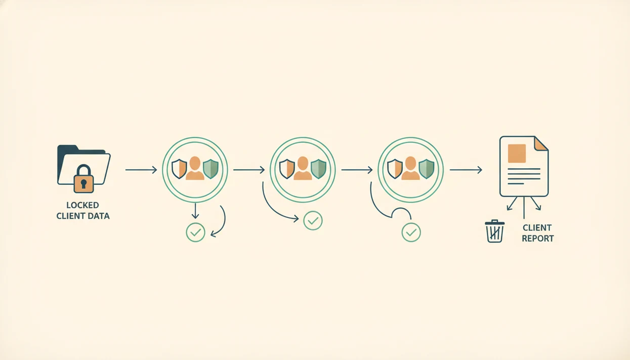 A clean diagram shows locked client files moving through approval gates before becoming a final report.