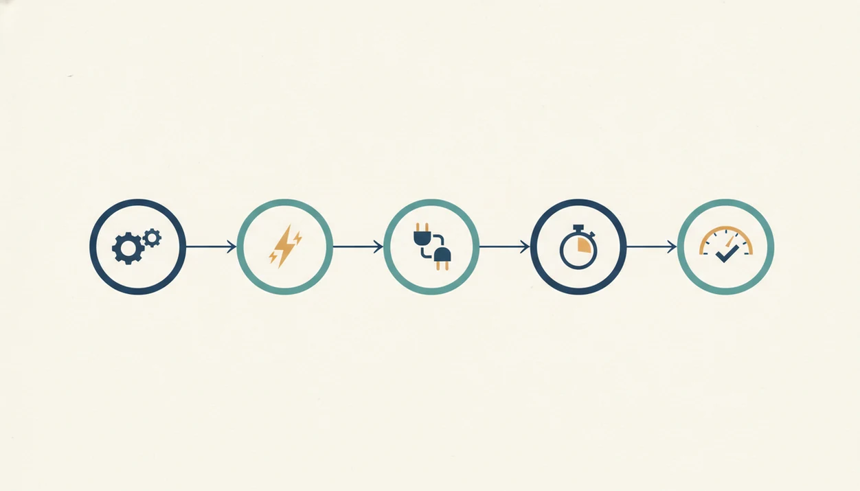 A simple icon-based workflow shows how a small business can choose, test, and keep an AI tool.