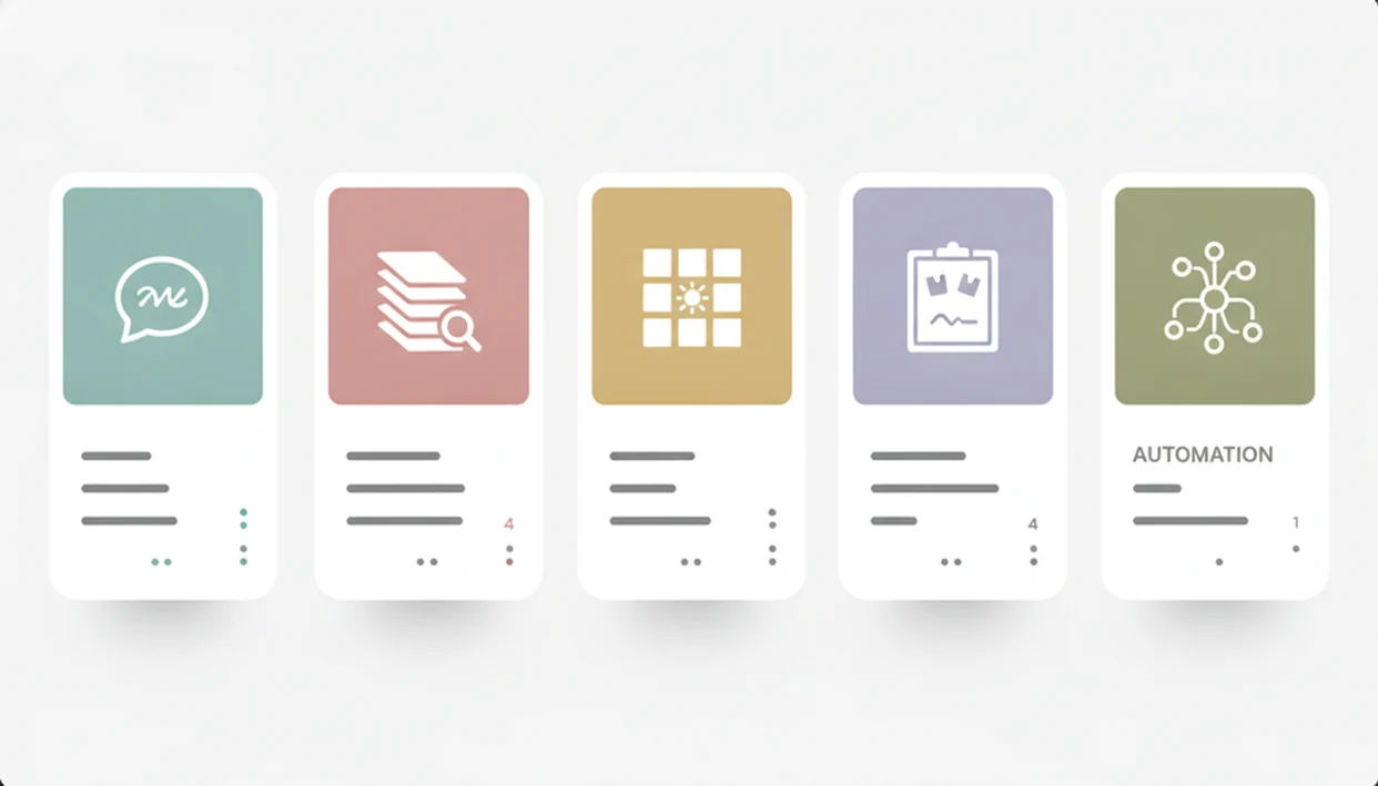 A clean abstract comparison graphic with five cards representing different AI apps for work.