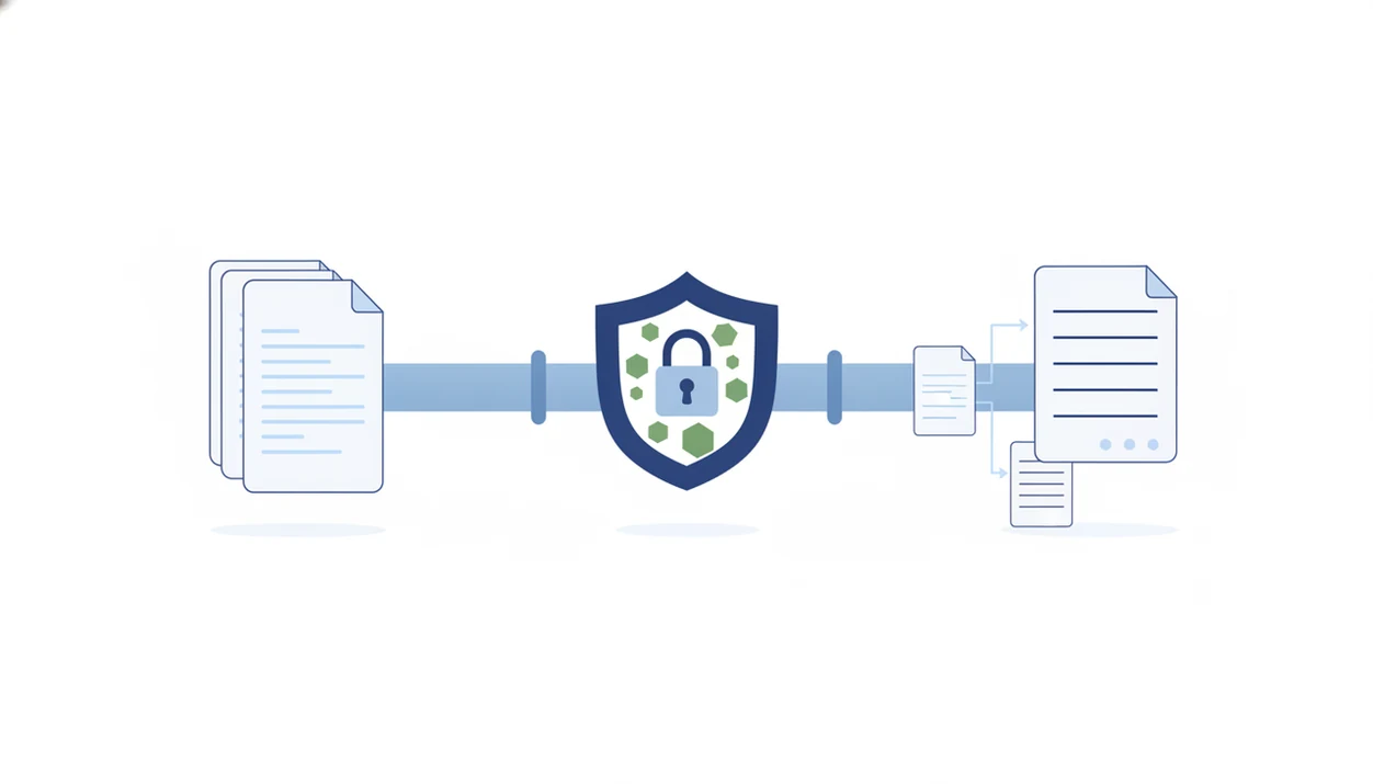 A clean diagram shows documents passing through a privacy shield before becoming a cited summary.