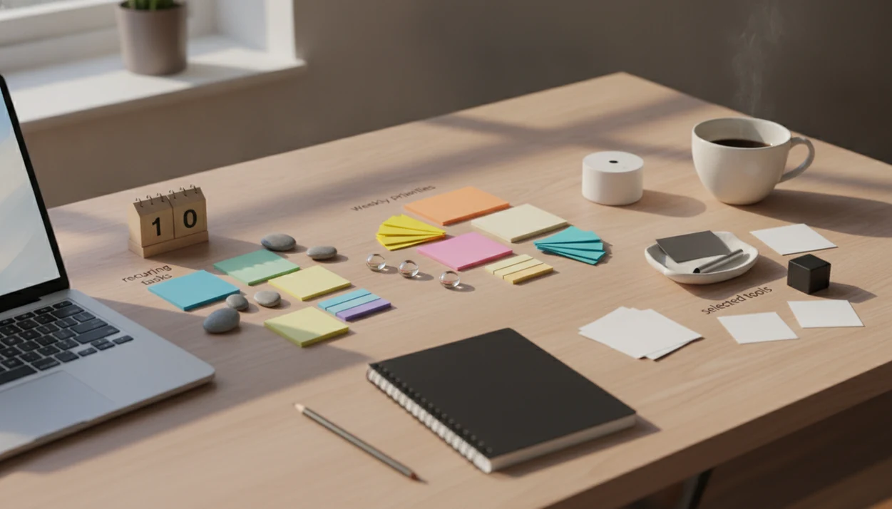 A tidy desk with blank cards and notes grouped into clusters for planning an AI app workflow.