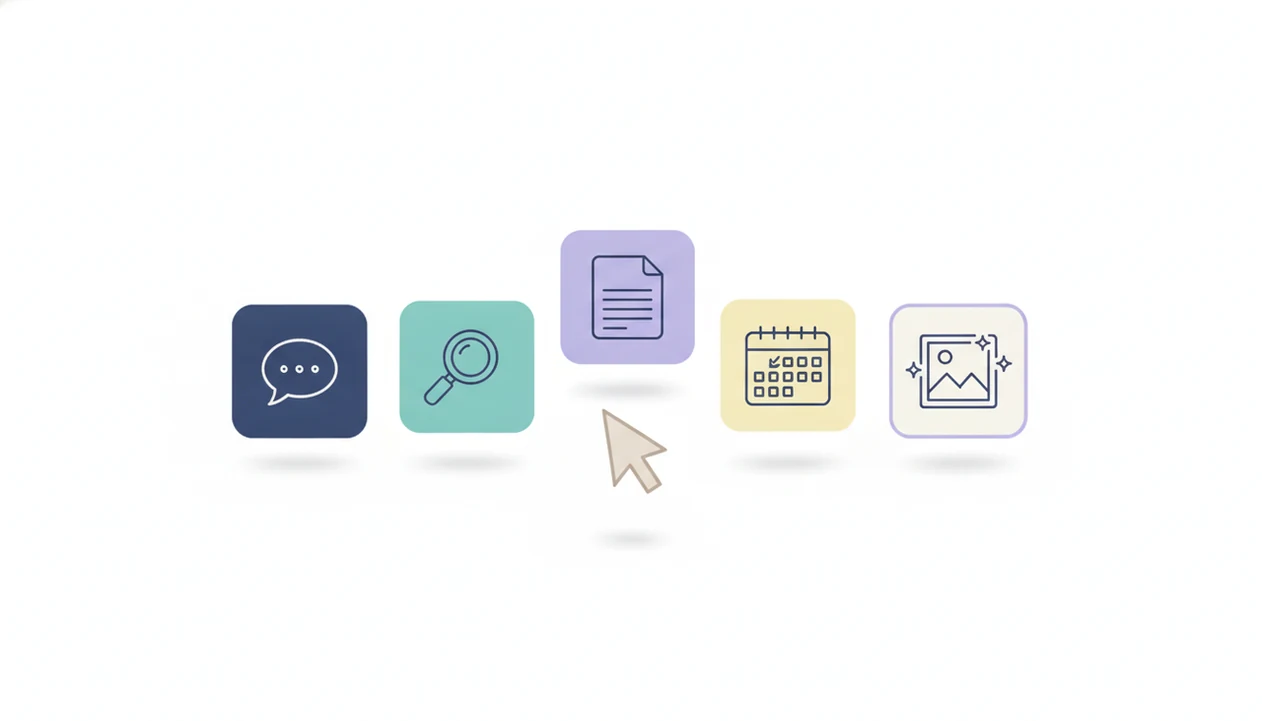 A clean illustration of five abstract AI app tiles grouped as a simple beginner starter stack.