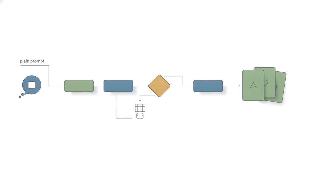 A simple no-code AI workflow diagram showing prompts, modular steps, data, and output cards.