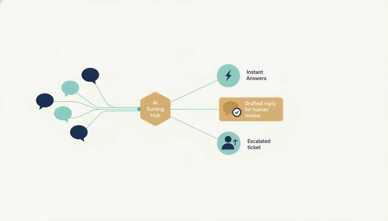 A simple diagram shows support messages routed through AI to answers, review, or human escalation.