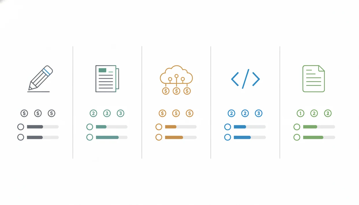 A clean illustrated comparison chart uses icons and coins to show five affordable AI tool categories.