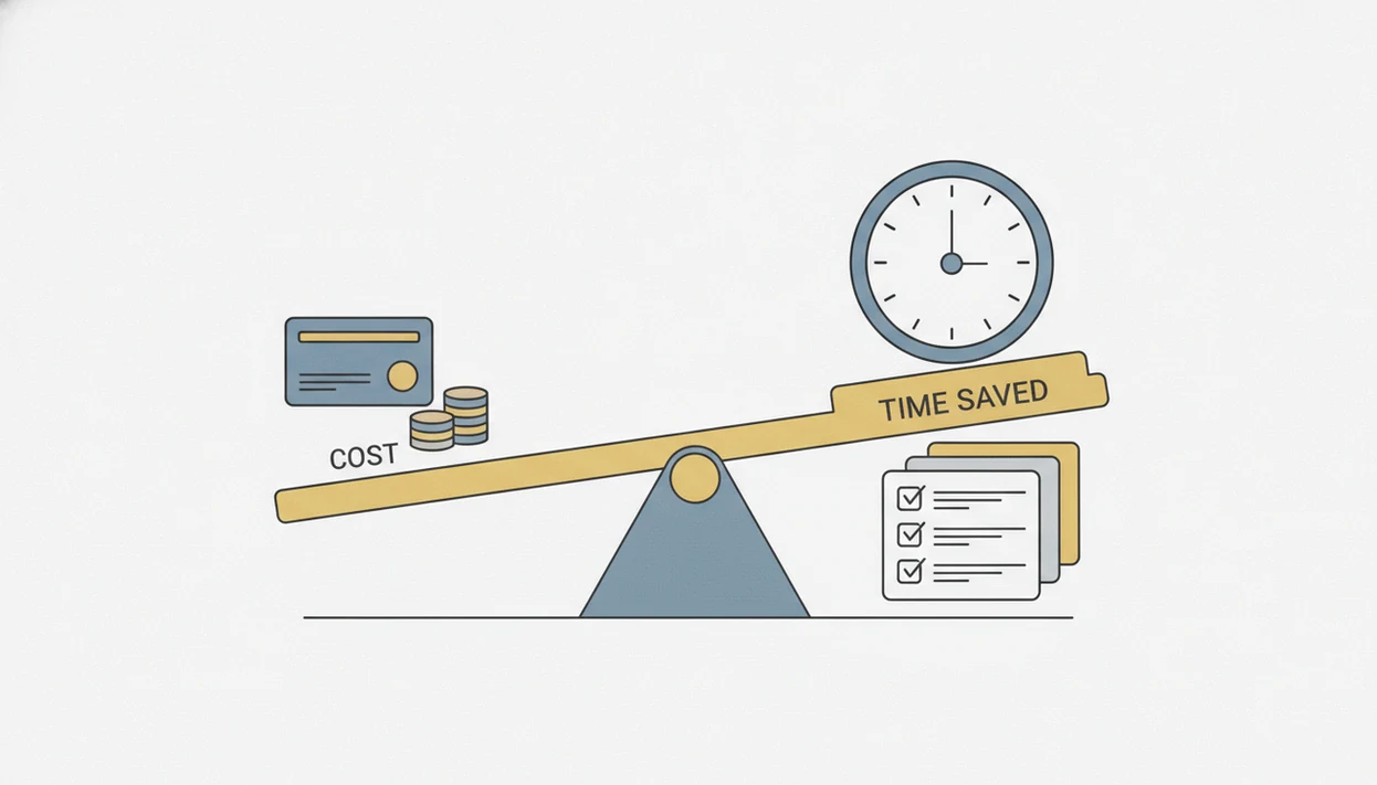 A clean balance-scale illustration compares subscription cost with saved time and completed work tasks.
