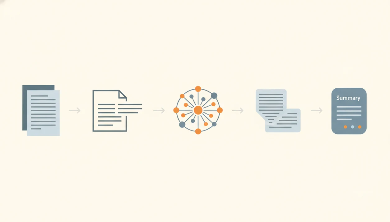 A simple diagram shows PDF pages becoming extracted text, AI processing, and a shorter summary.