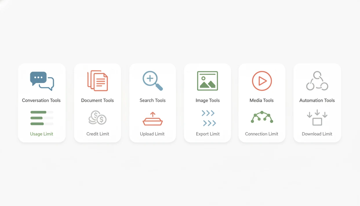 A clean comparison diagram uses icons and limit symbols to show how free AI app plans differ.