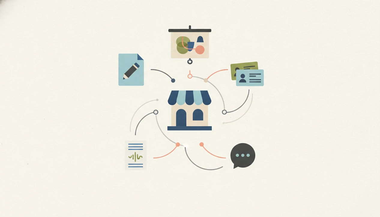 A simple diagram connects writing, design, CRM, chat, and meeting-note workflows around a small storefront.