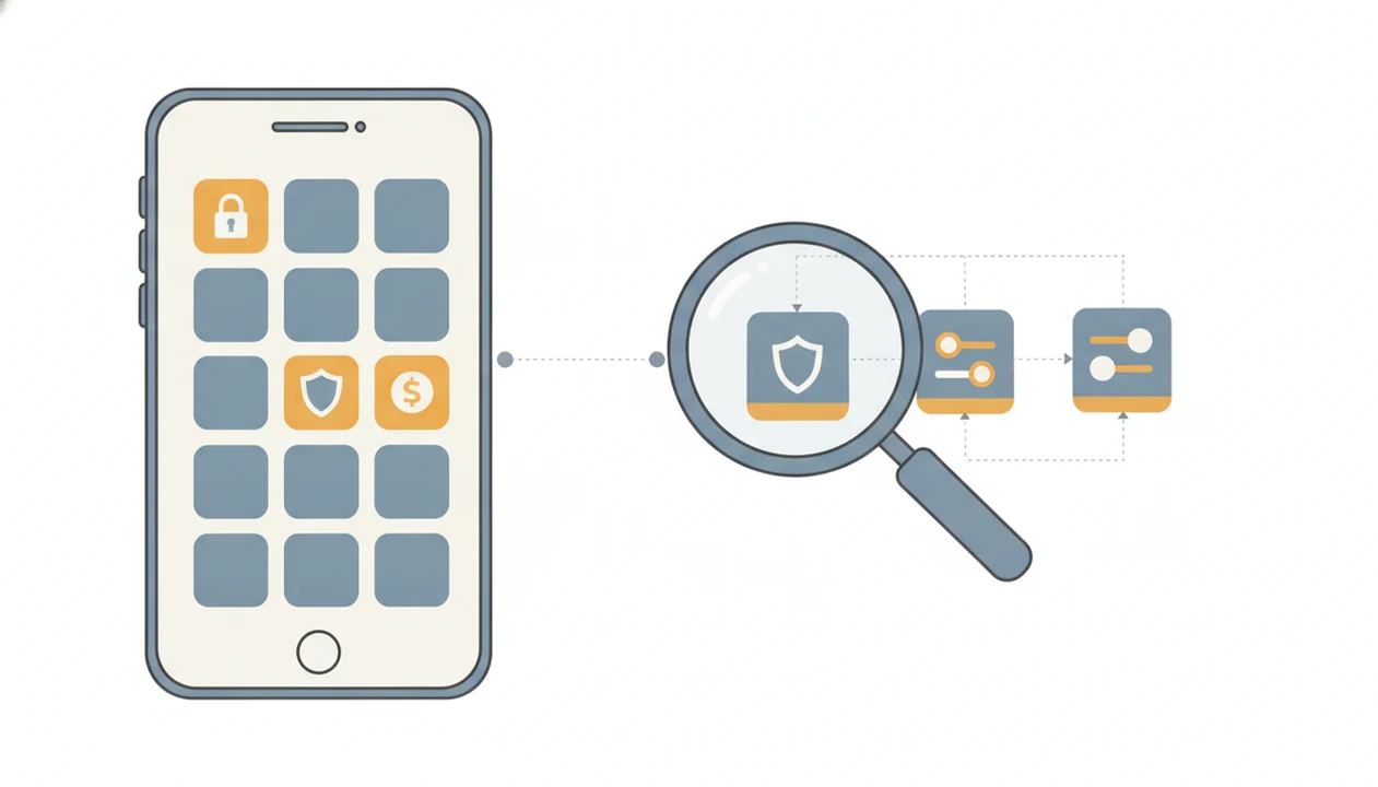 A clean illustration shows app tiles being checked for privacy, permissions, and subscription risks.